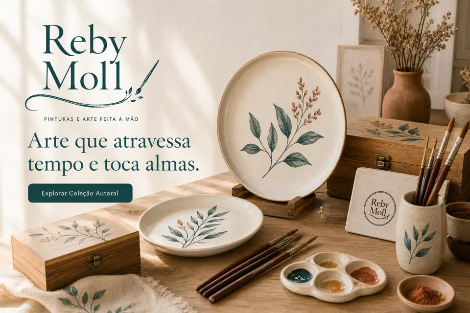 Mesa de ateliê com pratos, caixas e pincéis pintados à mão